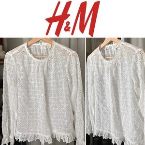 H&M Semi Sheer Eyelet Ruffled Blouse Top Women's Size 8 White Preppy Minimalist